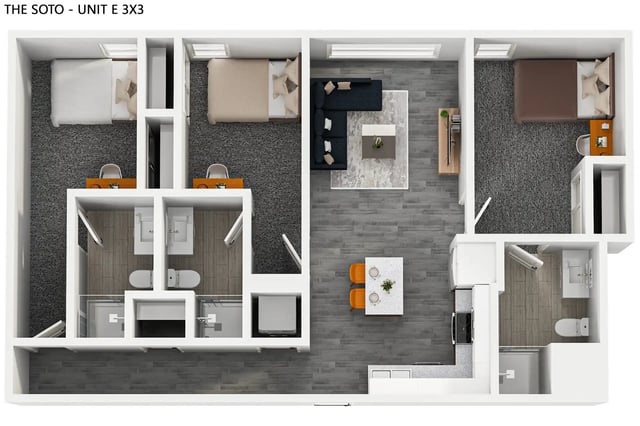 Three bedrooms living area kitchen and bathrooms floor plan at The Soto in Eugene Student Accommodation