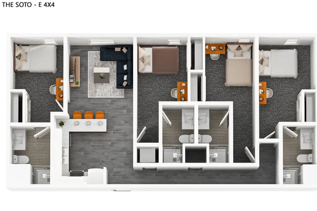 Four bedrooms two bathrooms shared living kitchen exterior at The Soto in Eugene Student Accommodation