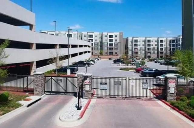 Apartment buildings parking garage and entrance exterior at Aspen Springfield in Springfield Student Accommodation