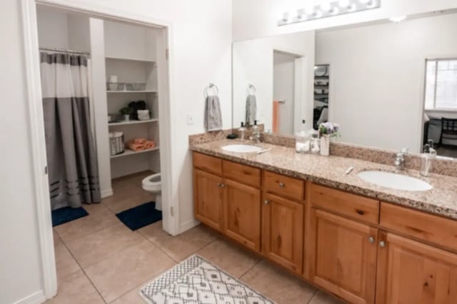 Double vanity toilet shower with curtains bathroom at Alpine Village in Provo Student Accommodation