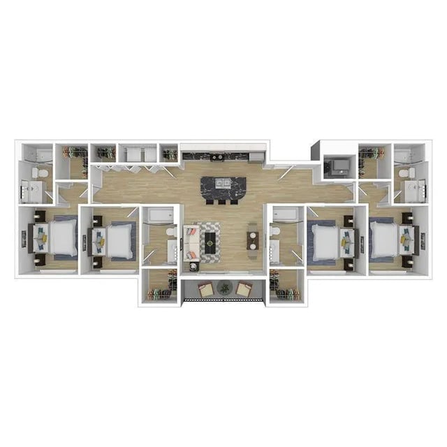 Four bedrooms living kitchen and bathrooms floor plan at The Harbor in Johnson City Student Accommodation