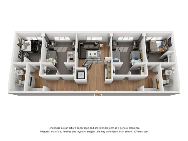 Four bedrooms two bathrooms living area floor plan at UnionWest Student Living in Orlando Student Accommodation