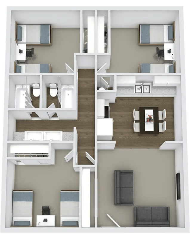 Four bedrooms two bathrooms kitchen living room floor plan at Birch Plaza and Birchwood Apartments in Rexburg Student Accommodation