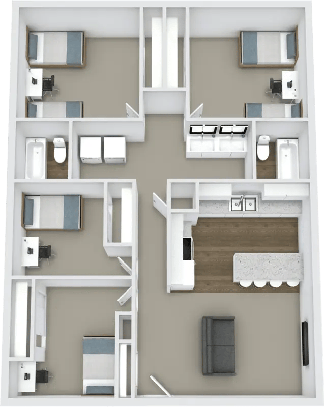 Four bedrooms bathrooms kitchen living room floor plan at Birch Plaza and Birchwood Apartments in Rexburg Student Accommodation