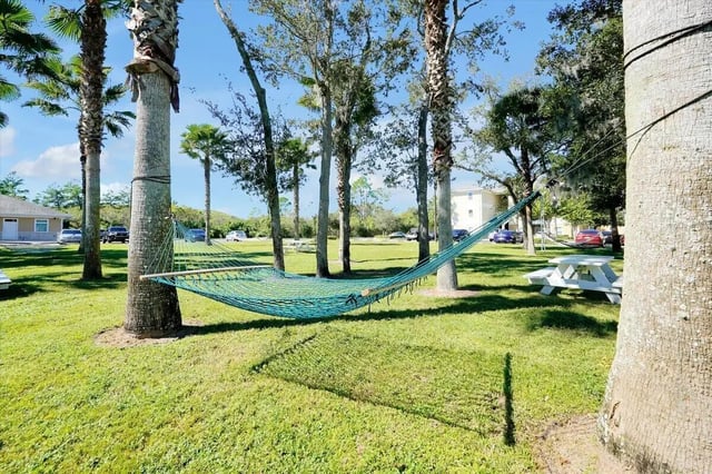 Hammock and picnic table outdoors exterior at Eagle Landing in Daytona Beach Student Accommodation
