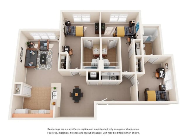 Living room bedrooms bathrooms kitchen floor plan at Eagles Landing Apartments in Cookeville Student Accommodation