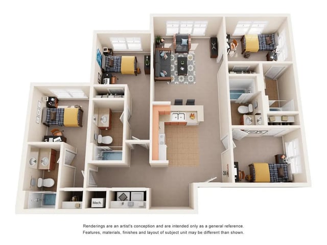 Multiple bedrooms living room kitchen and bathrooms Floor plan at Eagles Landing Apartments in Cookeville Student Accommodation