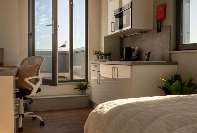 Desk chair kitchen cabinets plants balcony exterior at The Bridge Phase II in Newcastle Upon Tyne Student Accommodation