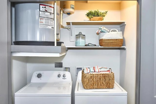 Laundry appliances basket and plant Laundry Room at 848 Mitchell in Arlington Student Accommodation