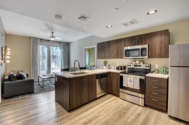 Modern kitchen with dark cabinets and stainless steel appliances kitchen at Echo 1055 Apartments in Las Vegas Student Accommodation