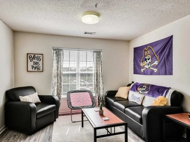 Black sofa ECU flag framed art coffee table living room at Campus Pointe in Kent Student Accommodation