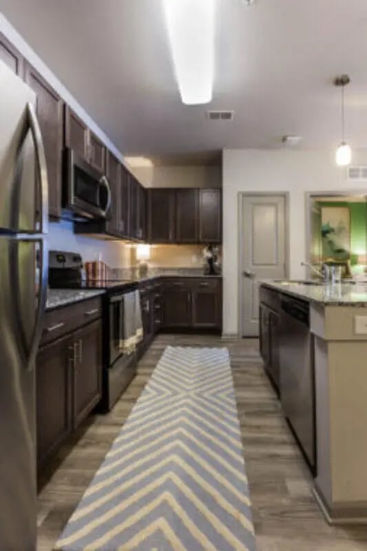 Modern kitchen with dark cabinets and stainless steel appliances kitchen at The Lodge at Allendale in Allendale Student Accommodation
