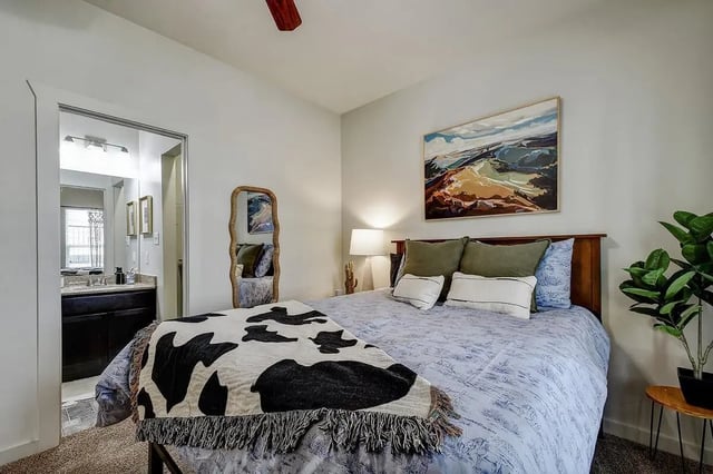 Bed with cow blanket art mirror opens to bathroom Bedroom at Cottages at San Marcos in San Marcos Student Accommodation