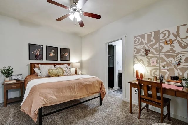 Bed desk and artwork bedroom study area at Cottages at San Marcos in San Marcos Student Accommodation