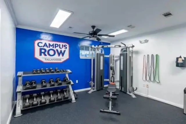 Dumbbells cable machine and resistance bands gym at Campus Row in Tallahassee Student Accommodation