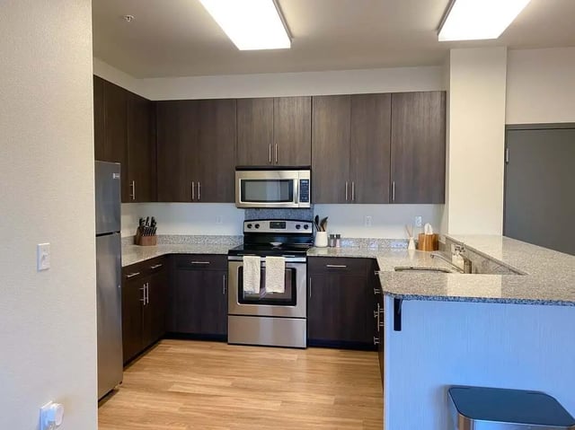 Modern dark cabinets stainless steel appliances kitchen at 940 North in Spokane Student Accommodation