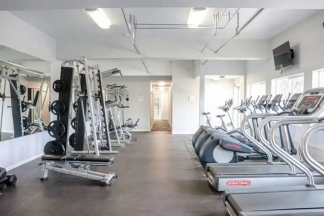 Gym equipment treadmills weight racks and mirrors gym at Cougar Ridge Apartments in Pullman Student Accommodation