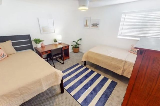 Two beds desk chair rug bedroom at Glenwood Apartments in Provo Student Accommodation