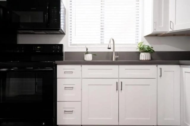 Black appliances white cabinets sink and plants kitchen at Glenwood Apartments in Provo Student Accommodation