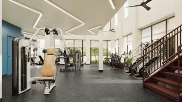 Fitness machines and stairs gym at Global College Station in College Station Student Accommodation