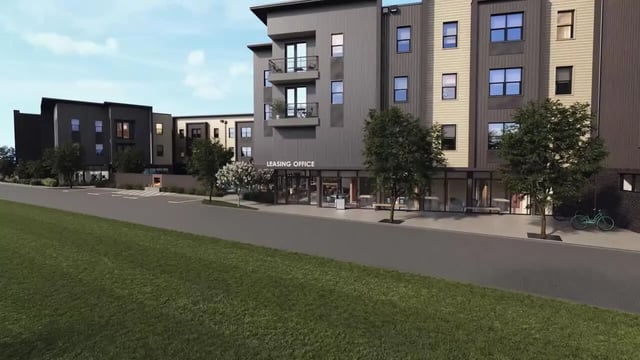 Modern buildings with leasing office exterior at Global College Station in College Station Student Accommodation