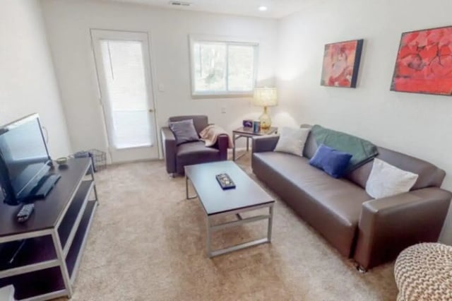 Brown sofa armchair coffee table television living room at Apple Lane Apartments in Lawrence Student Accommodation