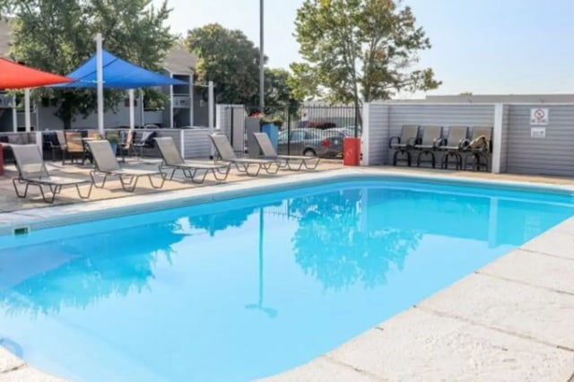 Loungers shaded pool with chairs exterior at Apple Lane Apartments in Lawrence Student Accommodation