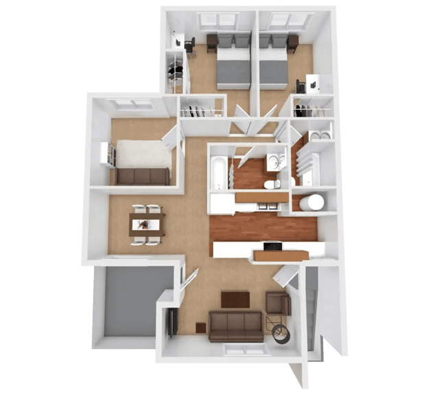 Two beds study area living room dining room floor plan at Apple Lane Apartments in Lawrence Student Accommodation