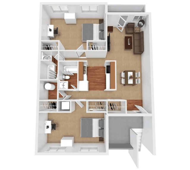 Floor plan with two bedrooms bathrooms living area. at Apple Lane Apartments in Lawrence Student Accommodation