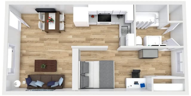 Sofa dining table bed kitchen bathroom apartment layout at Apple Lane Apartments in Lawrence Student Accommodation
