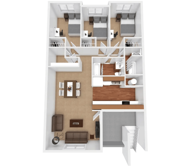 Four bedrooms kitchen living room layout at Apple Lane Apartments in Lawrence Student Accommodation