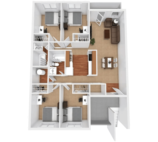 Four bedrooms living area kitchen bathroom floor plan at Apple Lane Apartments in Lawrence Student Accommodation