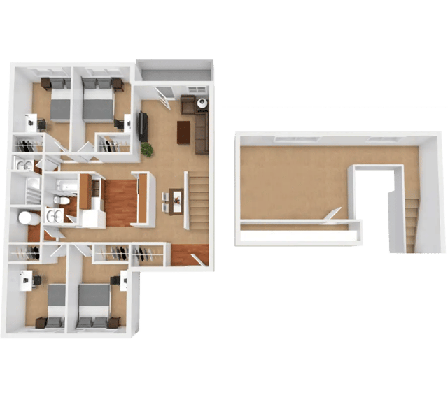 Four bedrooms two bathrooms living room kitchen exterior at Apple Lane Apartments in Lawrence Student Accommodation