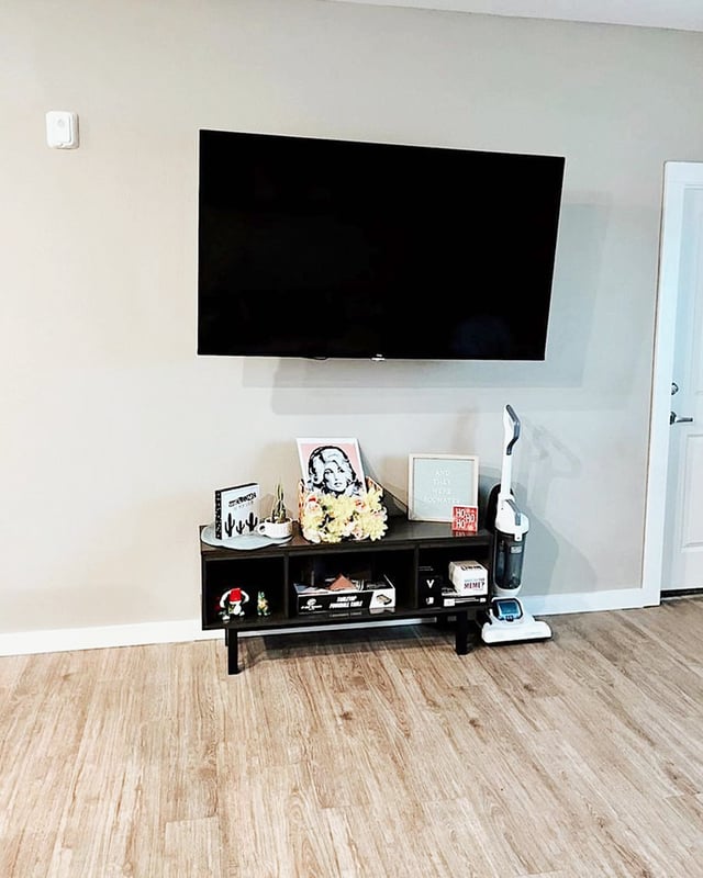 Wall mounted TV over media console with decor living room at Fireside District Apartments in Stephenville Student Accommodation