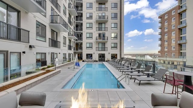 Rooftop pool and lounge chairs exterior at The Dorsey in Denver Student Accommodation