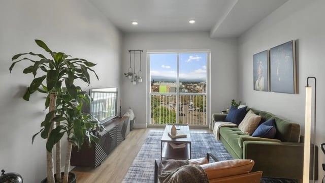 Green sofa with paintings and view living room at The Dorsey in Denver Student Accommodation