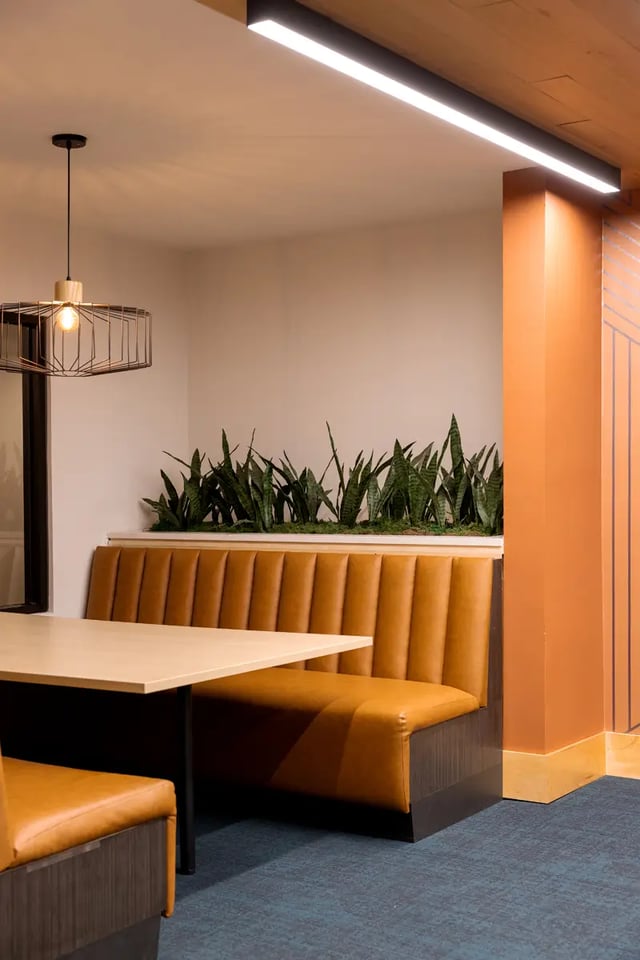 Booth seating and table with plants lounge area at Dockside Clemson in Clemson Student Accommodation