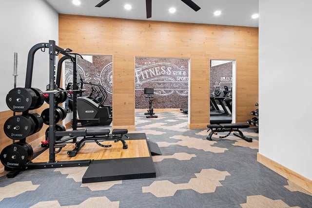 Weight rack treadmills bench gym area at Dockside Clemson in Clemson Student Accommodation