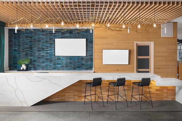 Counter with bar stools and modern lighting kitchen at Dockside Clemson in Clemson Student Accommodation