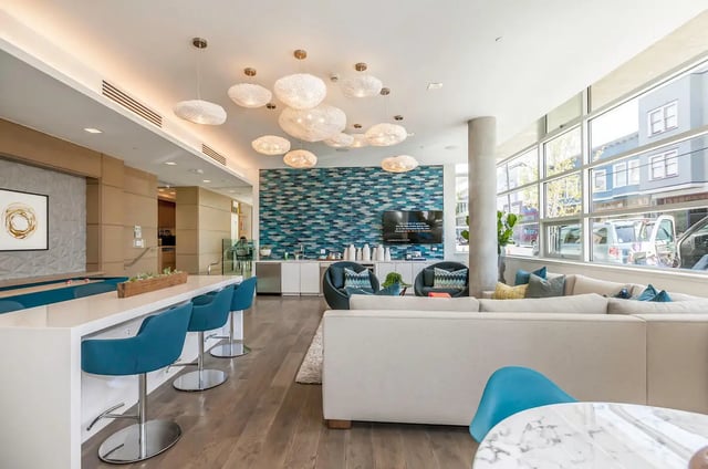 Bar stools and pool table communal area at The Dwight by Arthaus in Berkeley Student Accommodation