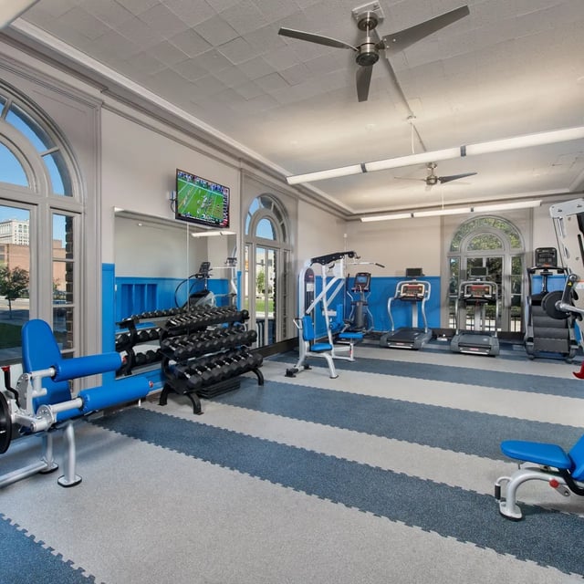 Dumbbells machines treadmills and weight bench gym at Domain at Cleveland in Cleveland Student Accommodation