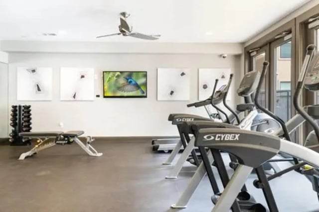 Gym equipment with weight bench and treadmill Gym area at GrandMarc Austin in Austin Student Accommodation