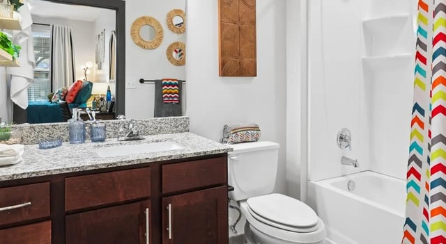 Granite vanity toilet shower bathtub colorful curtain Bathroom at The Local Downtown in San Marcos Student Accommodation