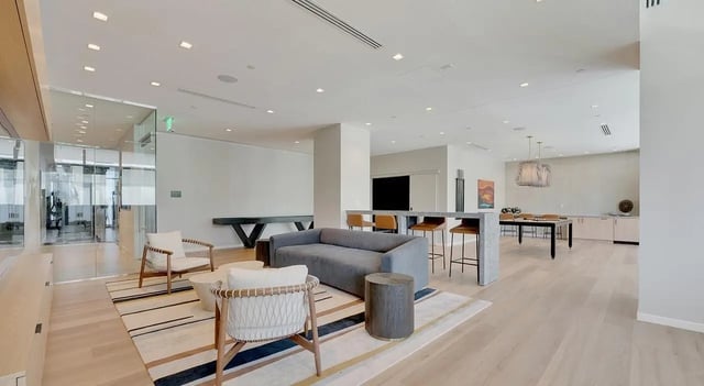 Sofa chairs bar stools counter tables living room at The Chestnut in Philadelphia Student Accommodation