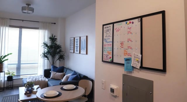 Calendar and couch with dining table living room at Legacy202 Apartments in Champaign Student Accommodation