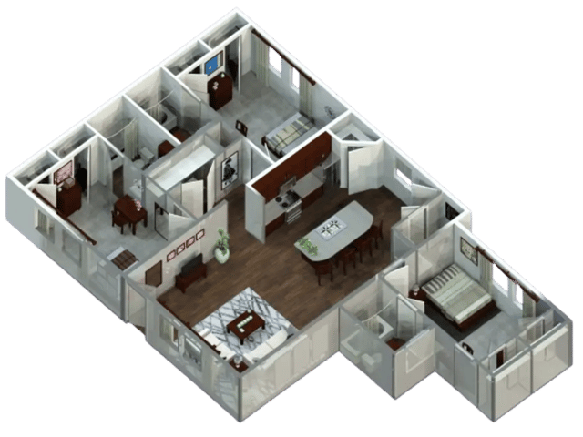 Apartment floor plan with kitchen living room bedrooms Image at Magnolia, A Prosper Community in Tuscaloosa Student Accommodation