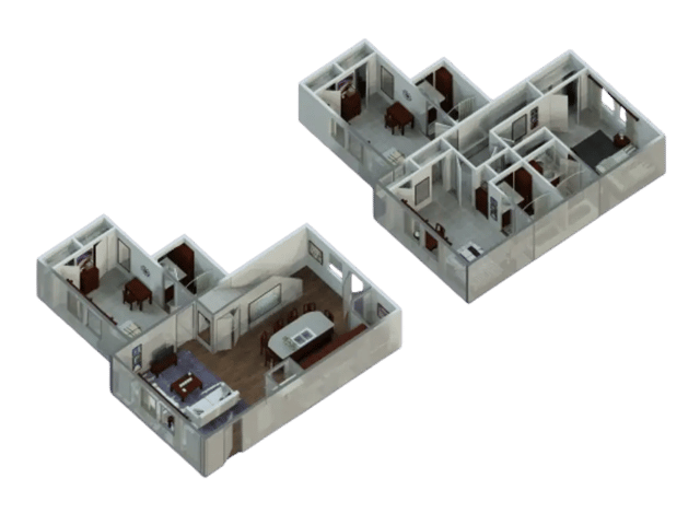 Floor plan with furniture living room kitchen and bedroom at Magnolia, A Prosper Community in Tuscaloosa Student Accommodation