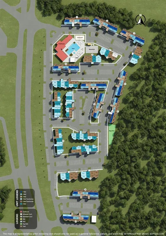 Aerial view of complex with pool and buildings exterior at Magnolia, A Prosper Community in Tuscaloosa Student Accommodation