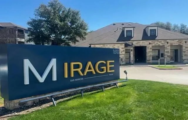 Mirage San Marcos sign building exterior at Mirage San Marcos in San Marcos Student Accommodation