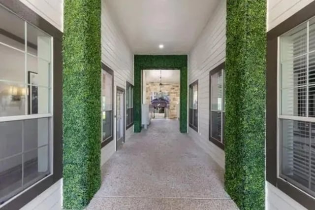 Walkway with plants and windows leading to living area exterior at Mirage San Marcos in San Marcos Student Accommodation